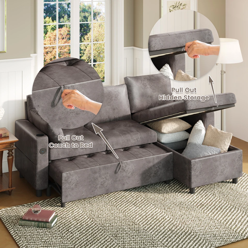 Sofá Danrelax en forma de L, cama extraíble con USB y portavasos Foto 4 de 4