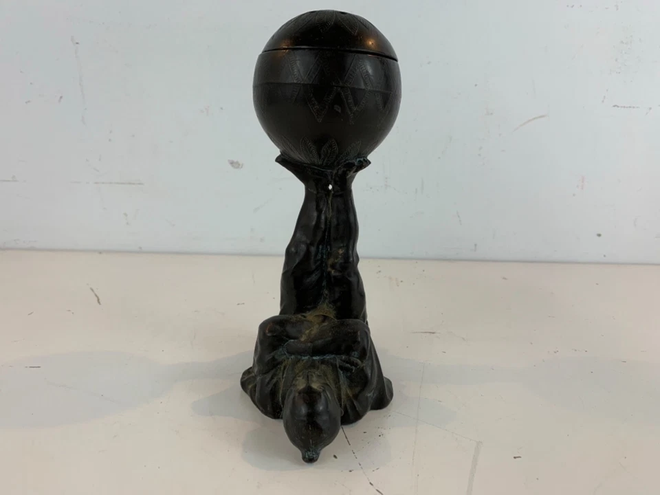 Antique Bronze Asian Figural Decorative Censer of Man Balancing Ball on Feet - Image 2 of 4