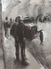 Disegno Originale Jean Terles Ritratto Uomo Taxi Parigini Carboncino