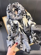 Women Black Rice Flower Printed Large Satin Scarf One Size