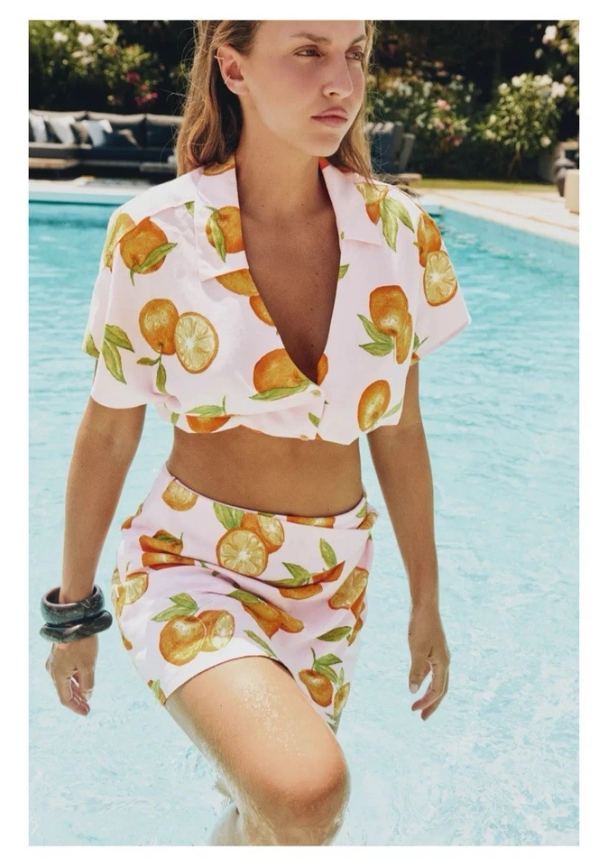 ZARA ORANGE FRUIT PRINT LINEN Co- Ord CROP TOP Or SKiRT SIZE XS S M - Image 2 of 4