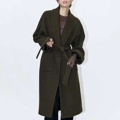 Wmn's ZARA Manteco Belted Chester Coat long Wool Brown Sz XS