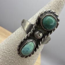 Vintage Native American Sterling Silver 2-Stone Turquoise w/ Rope Ring Size 5