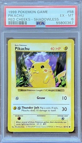 Pikachu (Red Cheeks) 058/102 Base Set (Shadowless) Regular - 1999 #58 PSA 6