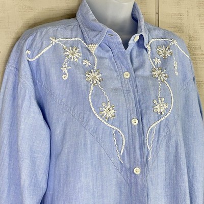 Vintage RS Design Women Western Denim Shirt Sz M Beads Embroidered Cowgirl Rodeo