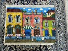 Original Signed Folk Art Street Scene Painting – Bright Naïve Cityscape on Canva