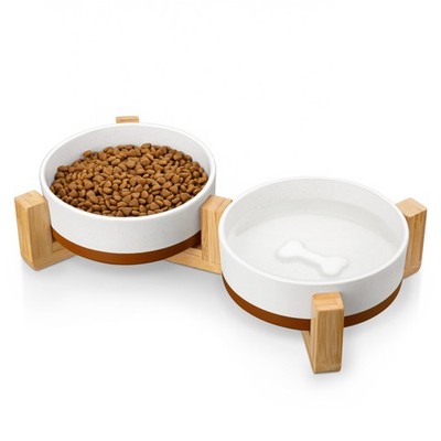 MALACASA Ceramic Dog Bowls, Dog Water/Food Dish with Wood Stand Non... Fast Ship
