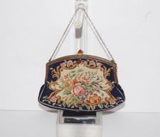 Vintage 40s Petit Point Needlepoint Tapestry Purse Floral Roses Carnelian Clasp
