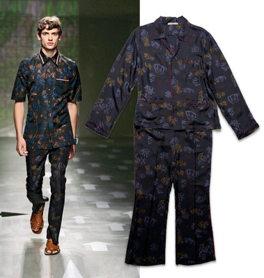Archive Vintage Prada Men Spring 2008 Fairy Floral Print Silk Pajama Suit Set L