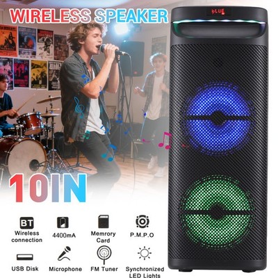Dual 10'' Portable Bluetooth Party Speaker Subwoofer Heavy Bass Sound System+Mic