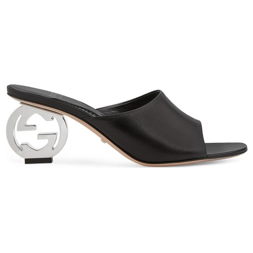 Gucci 65 sandali neri Bella GG tacco pelle slide argento 37,5 - Foto 1 di 10
