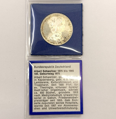 1975-G West German 5 Mark Albert Schweitzer Commemorative Silver (0.625) Coin