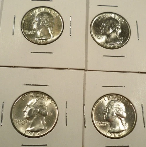 LOT OF 4 BU WASHINGTON QUARTERS 1962D 1963D 1964 1964D 0.7233 oz SILVER 25c