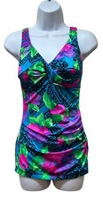 Vintage The Swimwear One Piece Swimsuit Faux Skirt Tropical 10 32 B/C Made USA