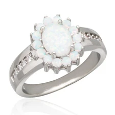 6x8 Oval White Fire Opal Cabochon Silver Jewelry Women Cluster Ring Size 6 7 8 9