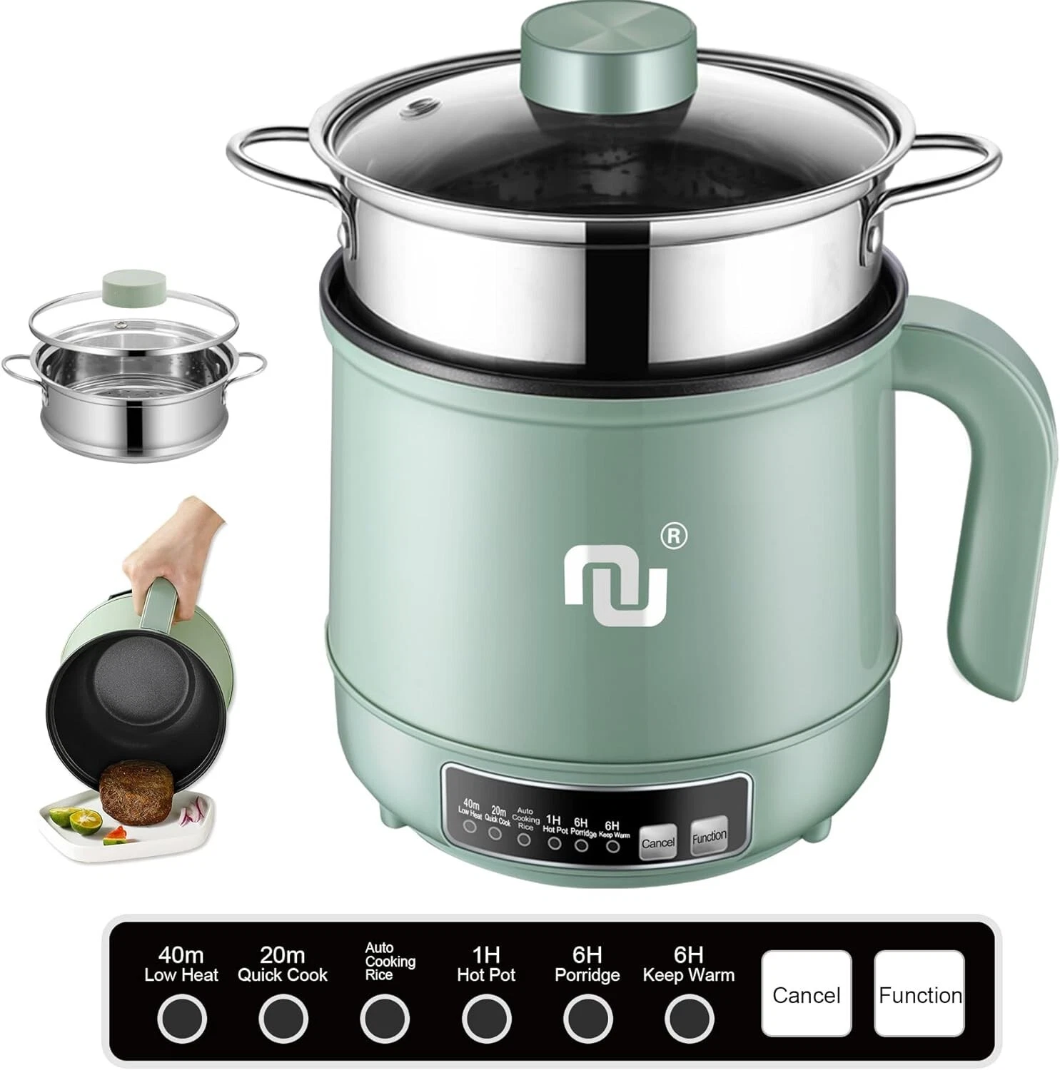 Mini Electric Hot Pot w. Timer Small size Electric cooker for Travel Non-Stick