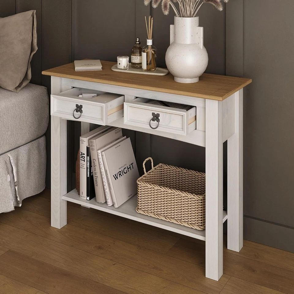 Corona White Console Table 2 Drawer Solid Mexican Pine Wooden Cabinet Wax - Image 4 of 4