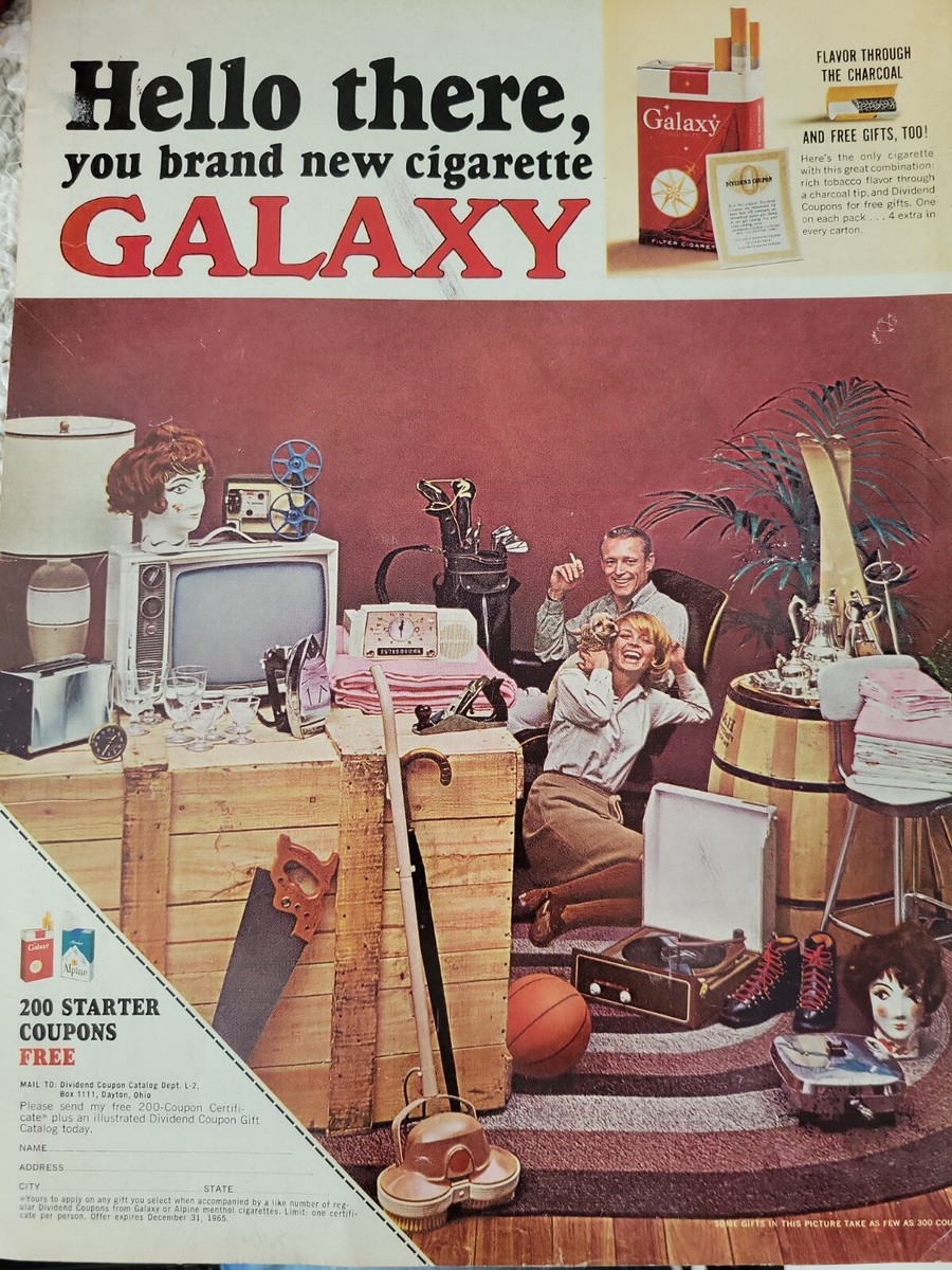 1965 Galaxy cigarettes woman man Smoking coupons for free gifts vintage ad 