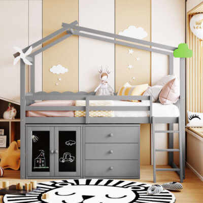 Solid Wood Loft Bed with Storage Cabinet and Drawers Twin Size House Bed Frames 