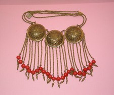 Superb Antique Collar Necklace With Long Orange Beaded Fringes  Gold Filled
