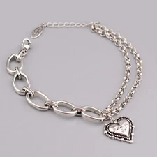 925 Sterling Silver Double Layer Chain LOVE Heart Vintage Bracelet Jewelry Gifts