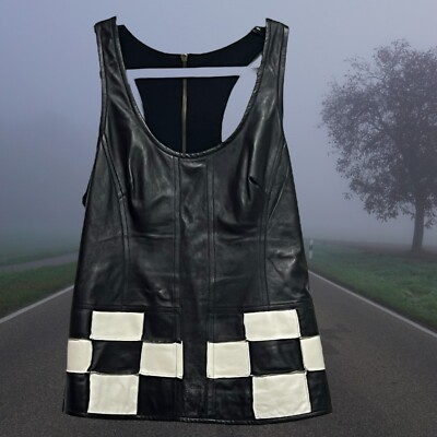 Illia Womens Scoop Sleeveless Black Leather Front /Fabric Back Sz 6 White Check