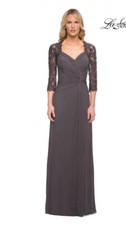 New LA FEMME Ruched Twist Column Gown In Gunmetal Size 16 Retail 438
