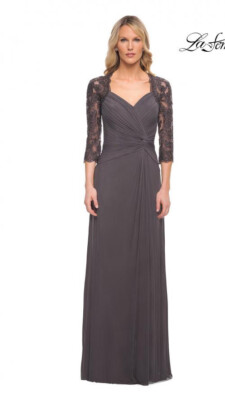 New LA FEMME Ruched Twist Column Gown In Gunmetal Size 16 Retail $438