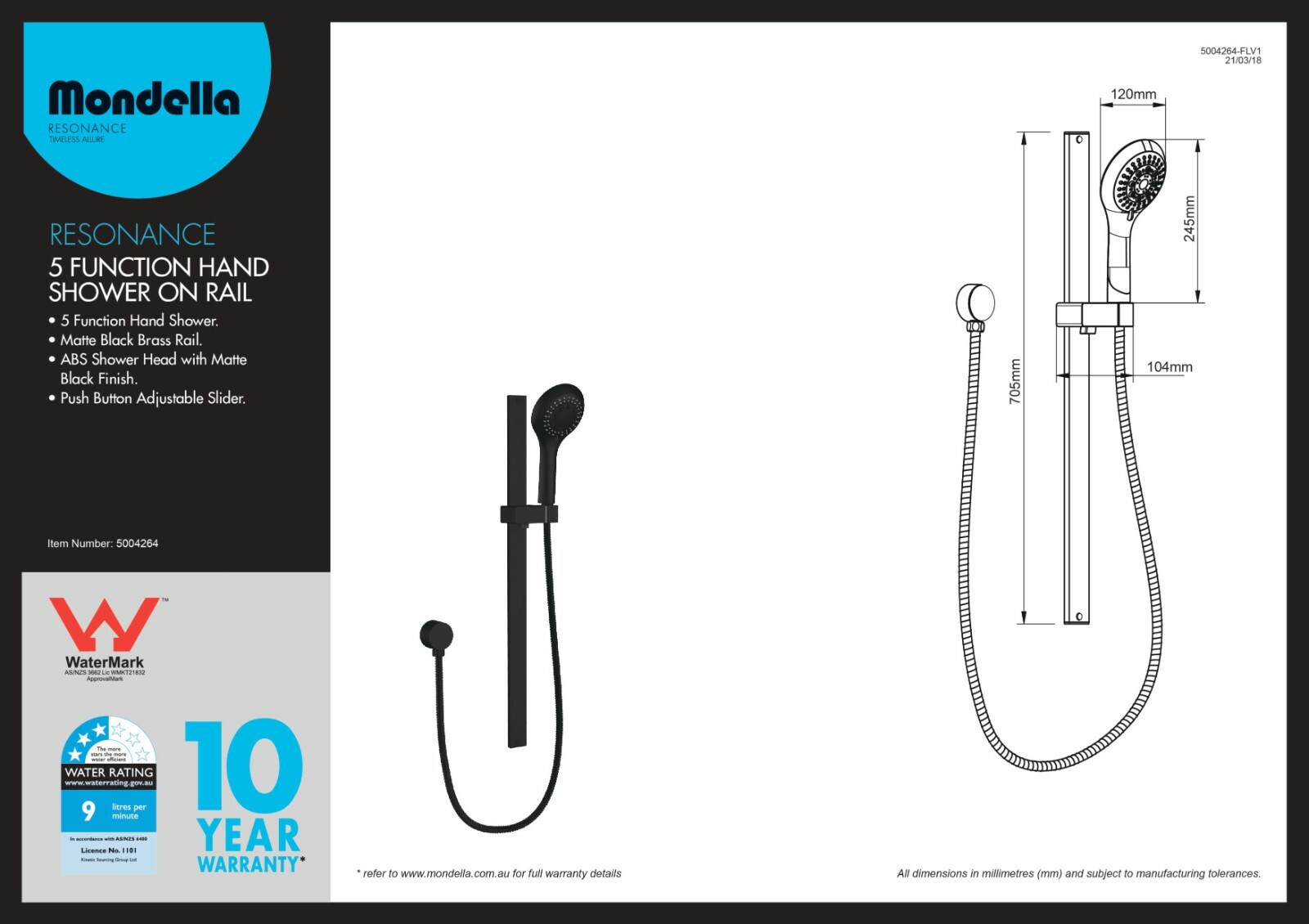 Mondella RESONANCE HAND SHOWER ON RAIL 5Function, Adjustable Slider