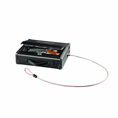 Portable Gun Safe with Key Lock, Steel Cable, and Carrying Handle has a One Hand
