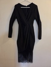 SHEIN Black Fringe Knit V-Neck Long Sleeve Bodycon Midi Dress Size M
