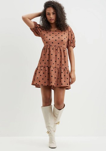 Dorothy Perkins pink/peach Fuzzy Camel Spot Textured Square Neck Mini Dress M-L - 第 1/4 張圖片