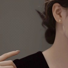 14K Gold Plated Small Cross Stud Earrings, Hypoallergenic Pave CZ Tiny Gold C...