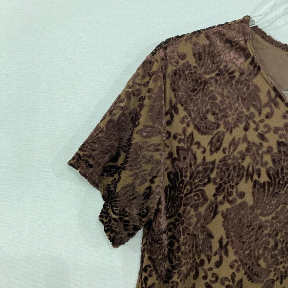 Top Vintage Impresiones Grande Marrón Floral Abstracto Terciopelo Quemado Otoño Boho Foto 4 de 4