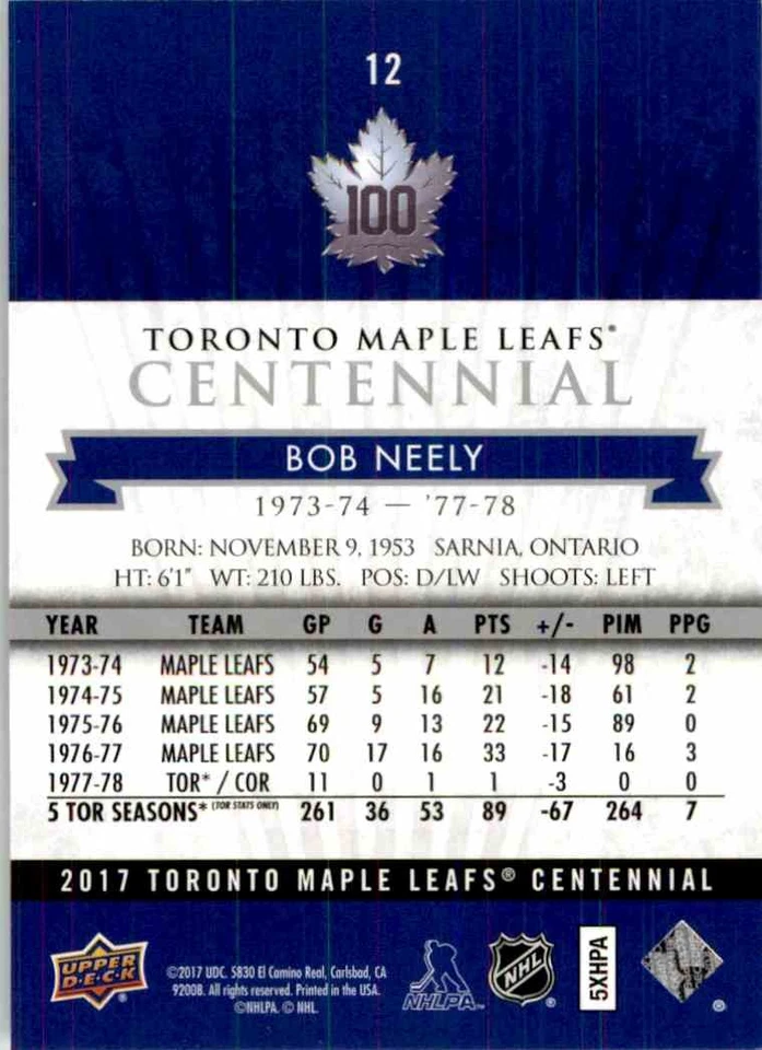 2017-18 Upper Deck Toronto Maple Leafs Centennial Bob Neely #12 - Image 2 of 2