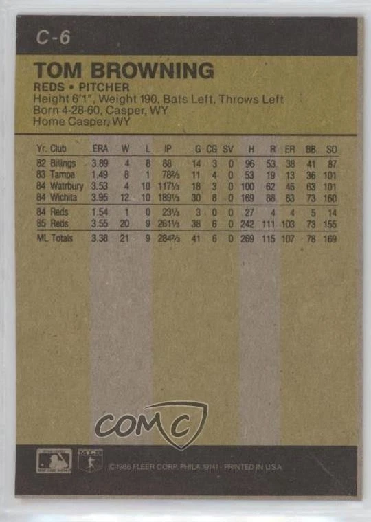 1986 Fleer Wax Box Bottoms Tom Browning #C-6 - Image 2 of 2