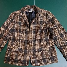 Sag Harbor Womens Plaid Lined Blazer Brown/Black Notch Lapel Long Sleeve 14