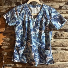 Barco One Women's Pulse Scrub Top V-Neck Size XS 5 Pocket Blue Waves S. Sleeve