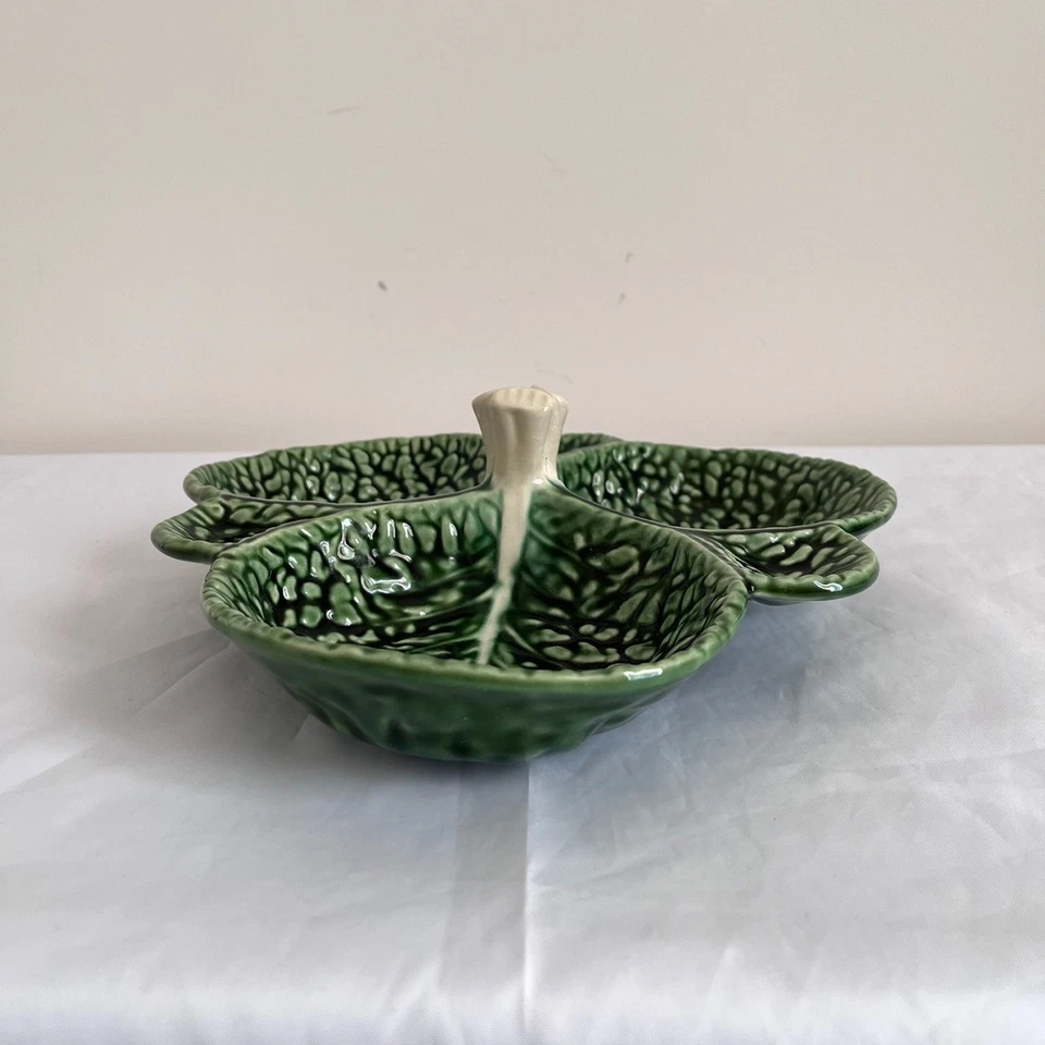 Vintage F Subtil Portugal Majolica Cabbage Leaf Divided Serving Dish P 13 - Image 4 of 4