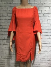 Venus, Size:6, Orange Red 3/4 Bell Sleeve, Back-Zip, Square Neck Cocktail Dress