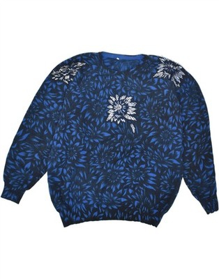 VINTAGE Damen Grafik Rundhals Pullover Sweater UK 16 Large marineblau LG03
