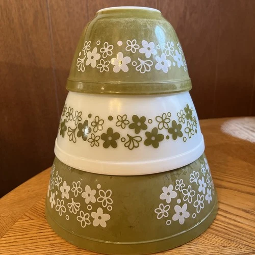 Vintage Pyrex Spring Blossom Green Crazy Daisy '79 Redesign Mixing Bowl Set #...