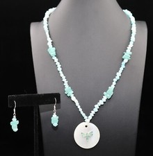Blue Green Sea Glass, Abalone, Dragonfly 23" Necklace and Dangle Earring Set
