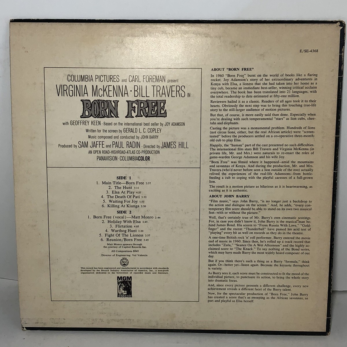 BORN FREE Original Sound Track Recording Record 1966, MGM BORN FREE Original Sound Track Recording Record 1966, MGM