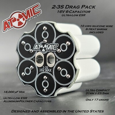 ATOMIC 2-3S Drag Pack / 13,000uF Min / Premium Aluminum-Polymer Caps / Losi 22S