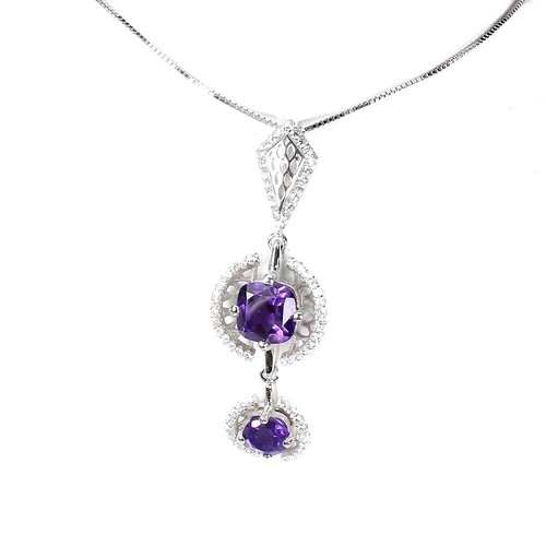 925 Sterling Silver Cushion Amethyst 7mm Simulated Cz Necklace 1 - Picture 2 of 10
