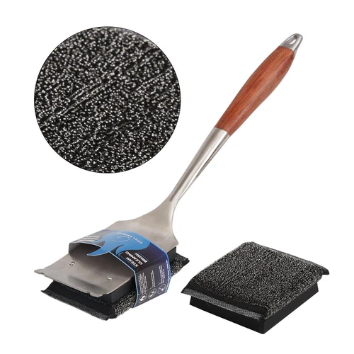 Bristle-Free Grill Brush with Replaceable Head and Wooden Handle BBQ Cleaner