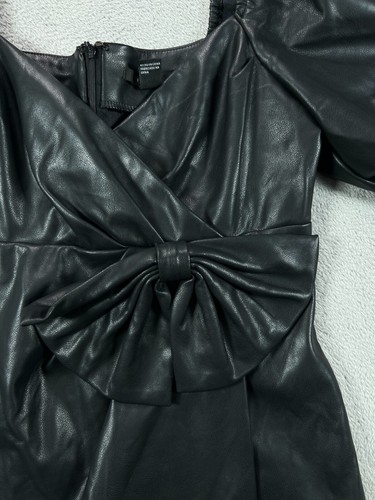 Forever 21 Womens Medium Faux Leather Black Mini Dress Bow Puff Sleeve Goth - Picture 3 of 13