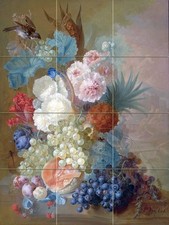 STILL LIFE OF PEONIES A COCK'S COMB Tile Mural Kitchen Backsplash Art 12.75x17