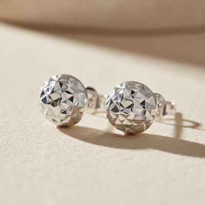 14K Real Solid White Gold Diamond-Cut Round Ball Stud Push-back Earrings